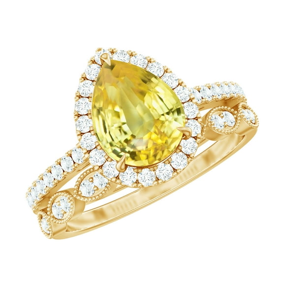Rosec Jewels Lab Grown Yellow Sapphire Ring Set with Diamond, Teardrop Ring with Enhancer, 18K Yellow Gold, US 11.50