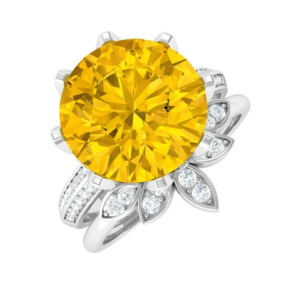 Floral Inspired Yellow Sapphire Solitaire Ring Set with Moissanite - 10 mm Round Lab Sapphire, 18K White Gold, US 6.00