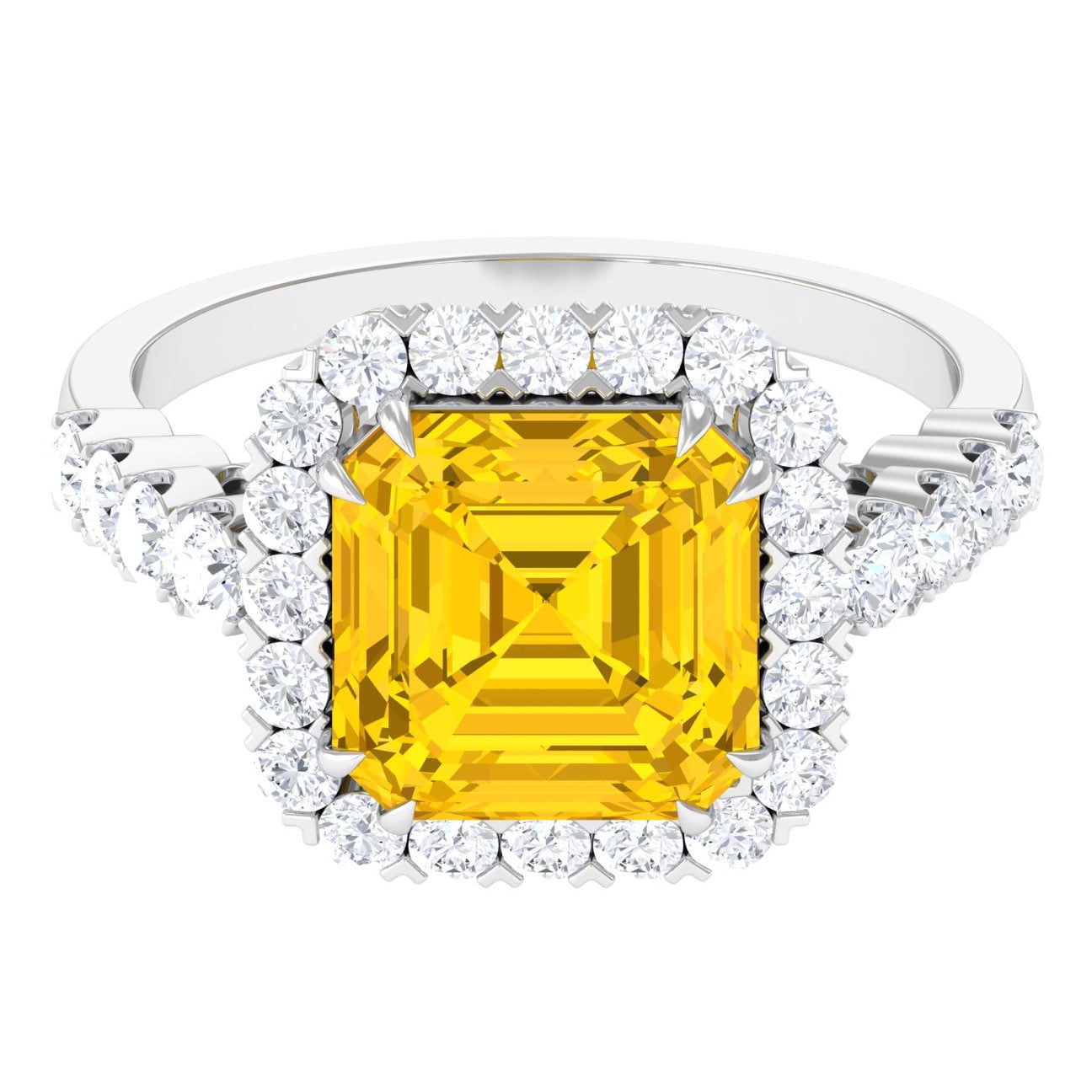 Lab Grown Yellow Sapphire Ring for Women with Moissanite Halo AAAA Grade 14K White Gold US 8.50