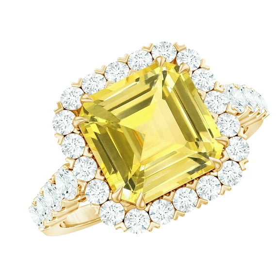 Rosec Jewels Lab Grown Yellow Sapphire Asscher Cut Engagement Ring with Halo - 9 mm - AAAA Quality Certified - with Jewelry Box, 18K Yellow Gold, US 6.50