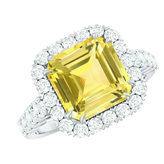 Rosec Jewels Lab Grown Yellow Sapphire Asscher Cut Engagement Ring with Halo - 9 mm - AAAA Quality Certified - with Jewelry Box, 925 Sterling Silver, US 4.00
