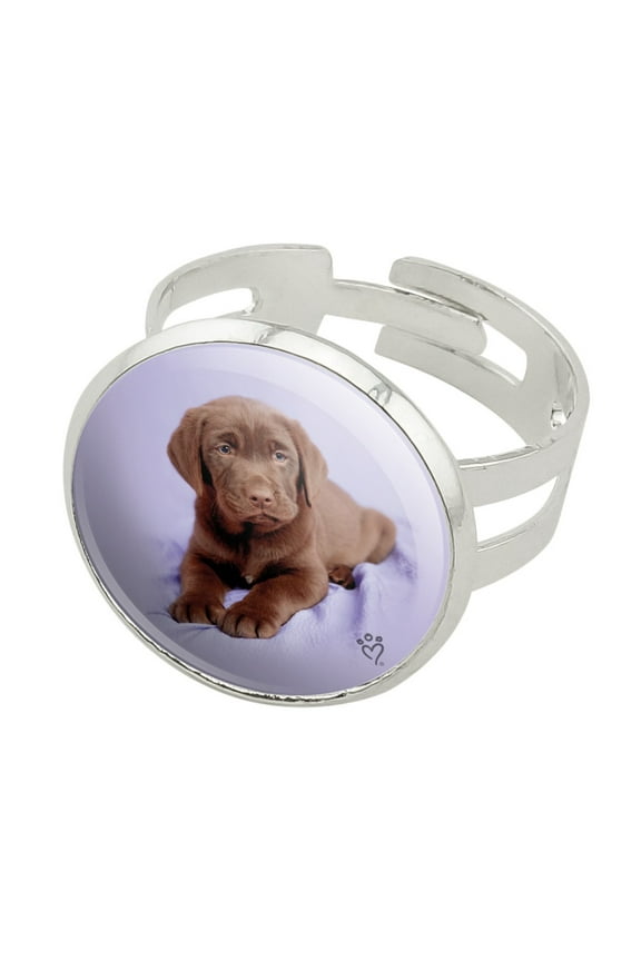 Lab Labrador Puppy Dog on Lavendar Silver Plated Adjustable Novelty Ring