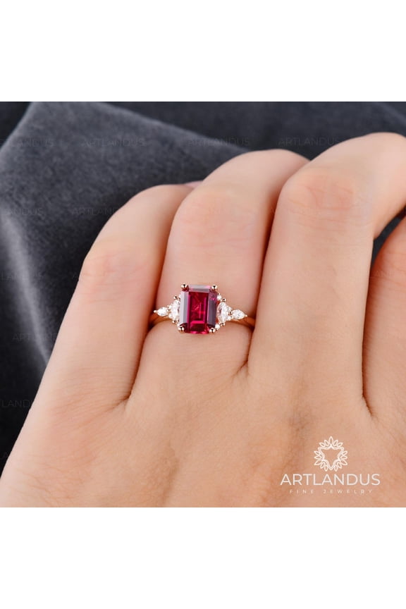 Lab Red Ruby Engagement Ring 2ct Emerald Cut Vintage Rose Gold Engagement Cluster Ring Moissanite Bridal Ring Promise Ring Anniversary