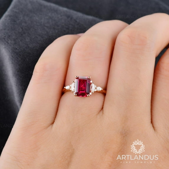 Lab Red Ruby Engagement Ring 2ct Emerald Cut Vintage Rose Gold Engagement Cluster Ring Moissanite Bridal Ring Promise Ring Anniversary