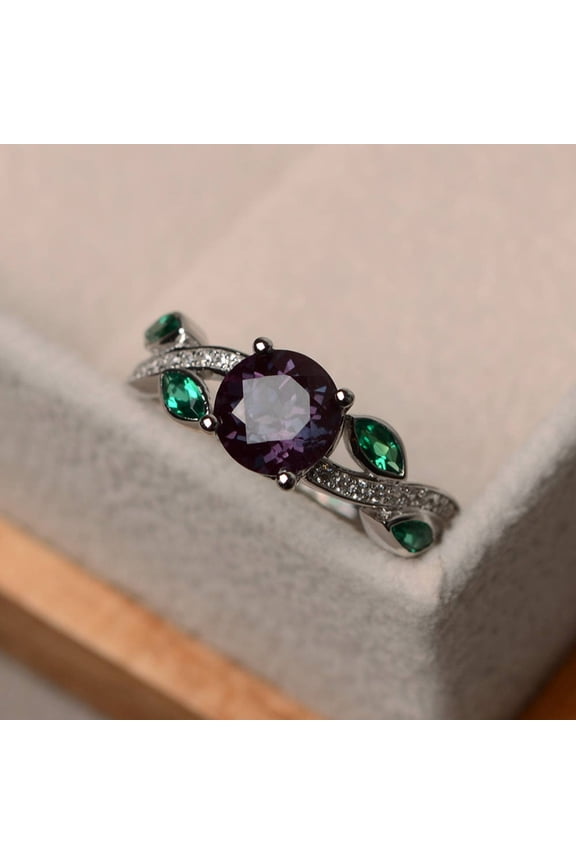 Lab Round cut alexandrite engagement ring,leaf shaped, unique twist band silver ring,family birthstone