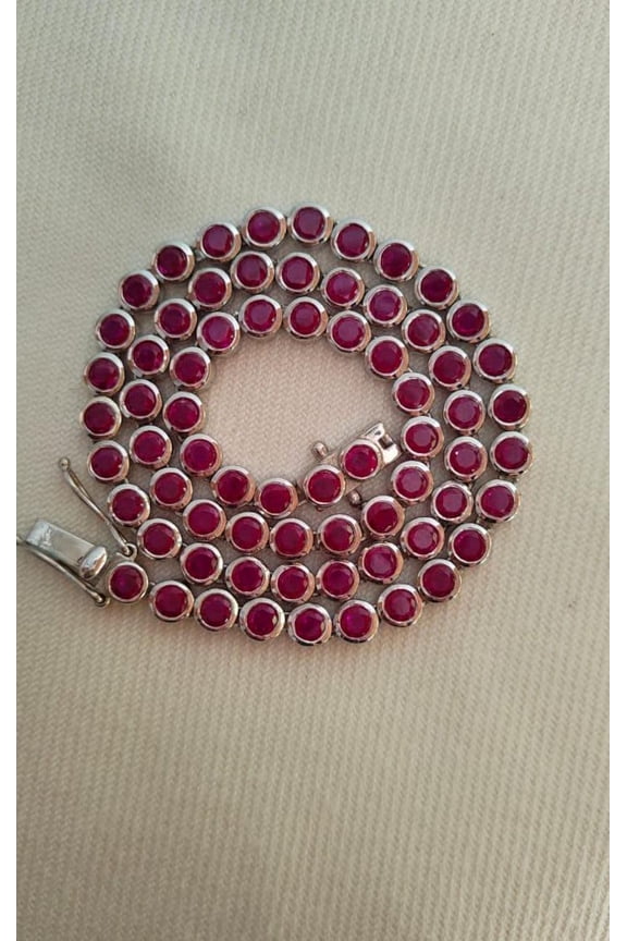 Lab Ruby Round Tennis Necklace,Yellow Gold Lab Ruby Round Tennis Necklace,Red Color Necklace,Silver Crystal Dainty Necklace For Her