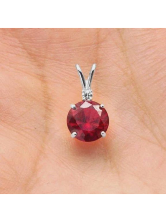 Lab Ruby Solitaire Pendant: 8mm Round Red Gemstone, July Birthstone