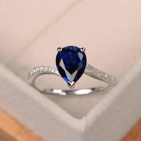 Lab Sapphire engagement ring, pear shaped, solid sterling silver,blue gemsotne, September Birthstone