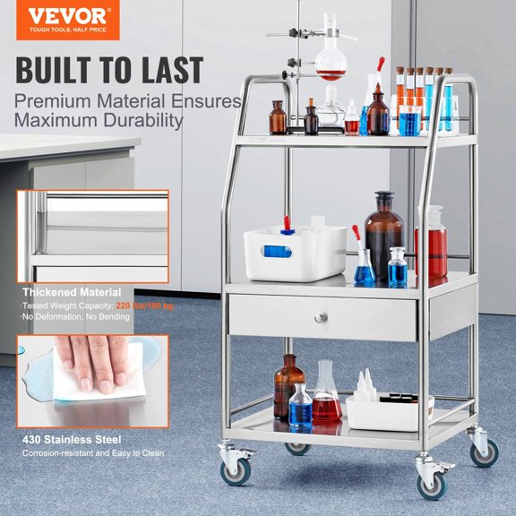 Lab Serving Cart,3 Layers Stainless Steel Utility Rolling Cart,Medical Cart with A Drawer,Dental Utility Cart with Lockable Wheels,for Laboratory,Hospital,Dental Use