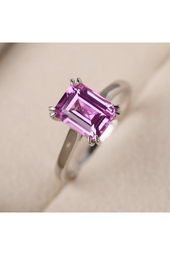 Lab Simple pink sapphire statement ring, emerald cut, minimalist anniversary ring