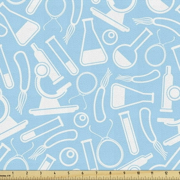 Ambesonne Lab Fabric by the Yard Upholstery, Laboratory Equipment Experiment, 5 Yards, Pale Blue and White