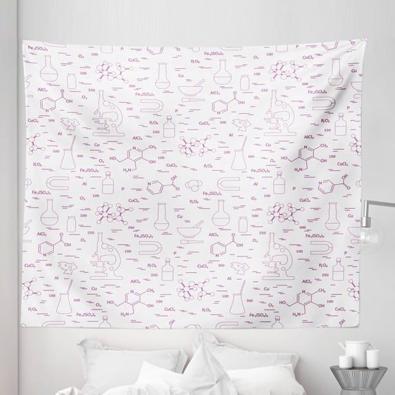Lab Tapestry, Scientific Research Elements Microscope Tubes and Signs and , Fabric Wall Hanging Decor for Bedroom Living Room Dorm, 5 Sizes, Fuchsia and White, by Ambesonne
