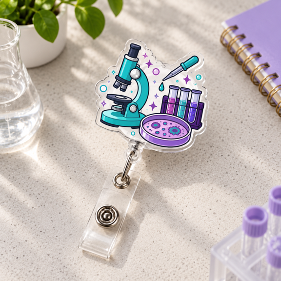 Lab Tech Microscope Test Tube Clear Acrylic Badge Reel ID Holder for Laboratory Staff