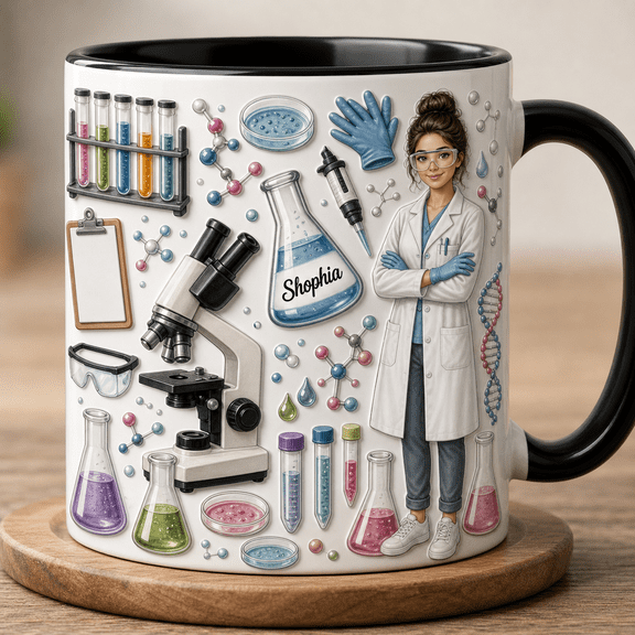 Lab Tech Mug Personalized Lab Gift with Microscope Science Tools for Laboratory Worker