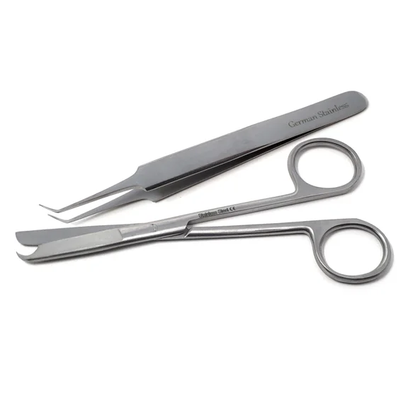 Lab Tweezers Fine Point Angled Tips With Stitch Scissors Lab Set of 2 For Student Training & Lab Practice