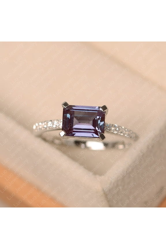 Lab alexandrite ring, June birthstone emerald cut, color changling stone, sterling silver engagement ring