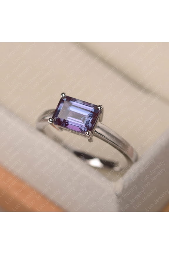 Lab alexandrite ring, emerald cut June birthstone ring, white gold engagement ring for women