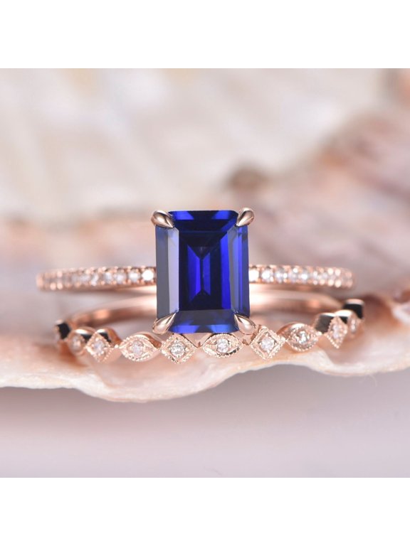 Lab created Sapphire Ring Set Blue Sapphire Engagement Ring 925 silver ring rose gold plated atching Band Rose Gold