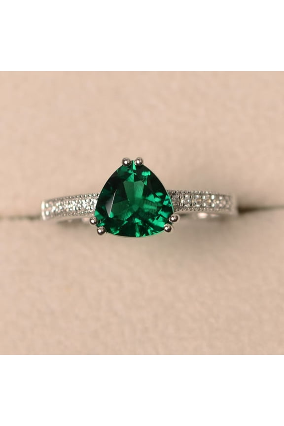 Lab emerald ring, trillion cut engagement ring, sterling silver