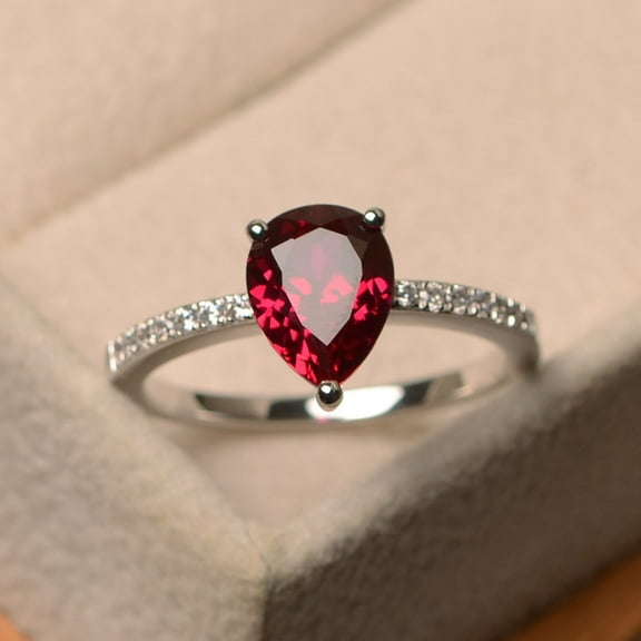 Lab ruby ring, pear cut red gemstone ring, sterling silver ring, July birthstone, anniversary ring