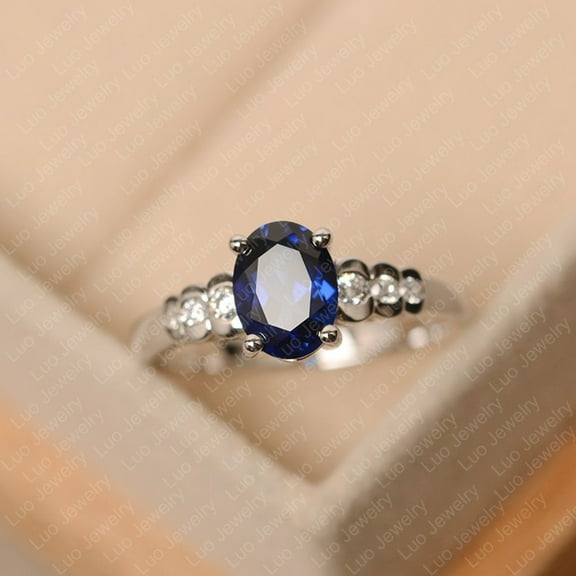 Lab sapphire ring, September birthstone, white gold engagement ring, oval cut blue stone ring