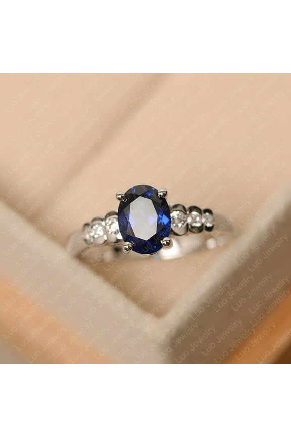 Lab sapphire ring, September birthstone, white gold engagement ring, oval cut blue stone ring