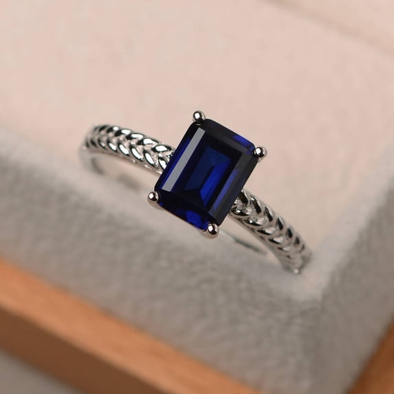 LabBlue sapphire ring, anniversary ring, emerald cut blue gemstone, September birthstone, sterling silver ring