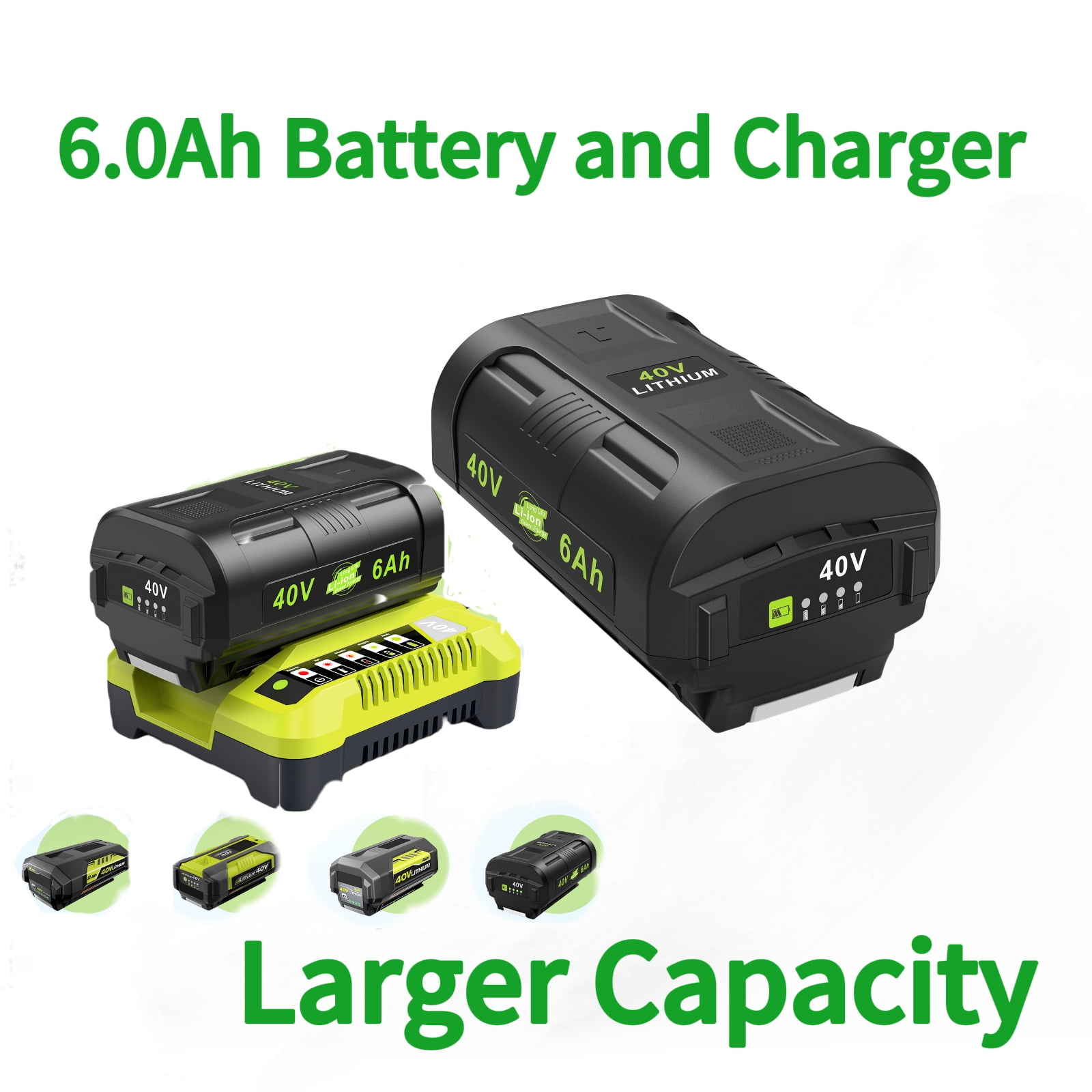 LabTEC 1Pack 40V 6.0Ah Lithium Ion Battery + Charger for Ryobi 40 Volt Battery OP4040 OP4050A OP4026 OP4026A OP4030 OP4050