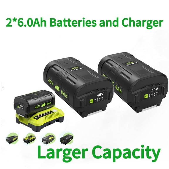 LabTEC 2Pack 40V 6.0Ah Lithium Ion Batteries + Charger for Ryobi 40 Volt Battery OP4040 OP4050A OP4026 OP4026A OP4030 OP4050