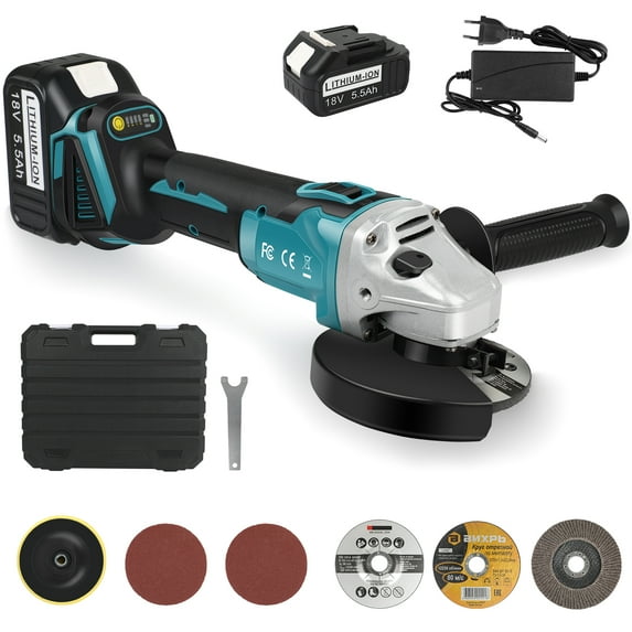 LabTEC Cordless Angle Grinder with 18V 5.5Ah Li-Ion Battery & Charger Brushless Motor Battery Powered by Makita Grinder Tool Set for Metal Wood 2-Position Handle