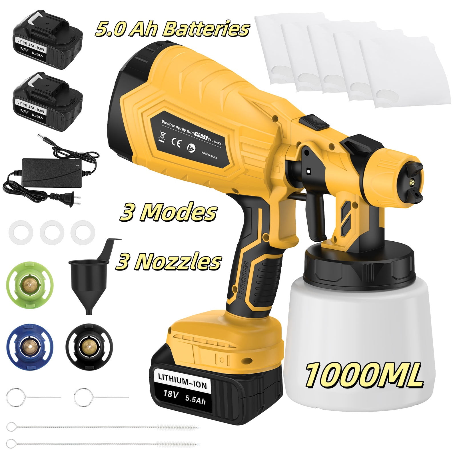 LabTEC Electric Spray Paint Gun with 3 Nozzles 3 Spray Patterns and 2*5.5Ah Battery and charger for or Tables, Chairs, Fences, Interior Walls and Crafts.(Yellow)