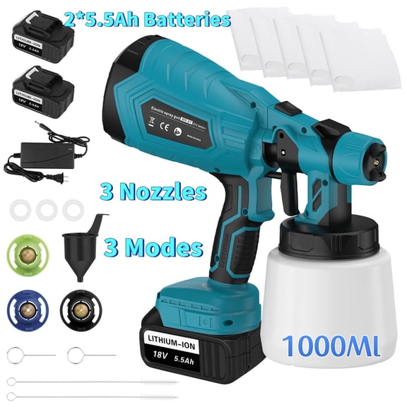 LabTEC High-Pressure Electric Cordless Paint Sprayer Paint Gun 3 Spray Patterns & 2 5.5Ah Batteries and Charger or House Painting Furniture Cabinets Fences Walls