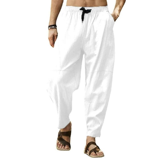 Labakihah Cargo Pants for Men Men Spring and Summer Pant Casual All Match Solid Color Cotton Linen Loose Trouser Fashion Beach Pant White L