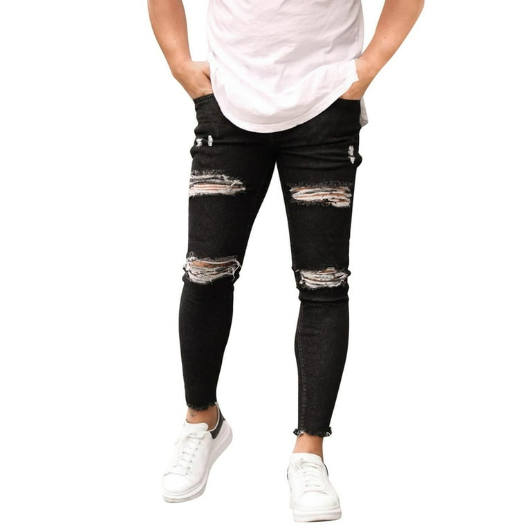 Labakihah Mens Jeans Men Striped Zipper Denim Hole Vintage Wash Work Trousers Jeans Pants Ripped Jeans Black Walmart