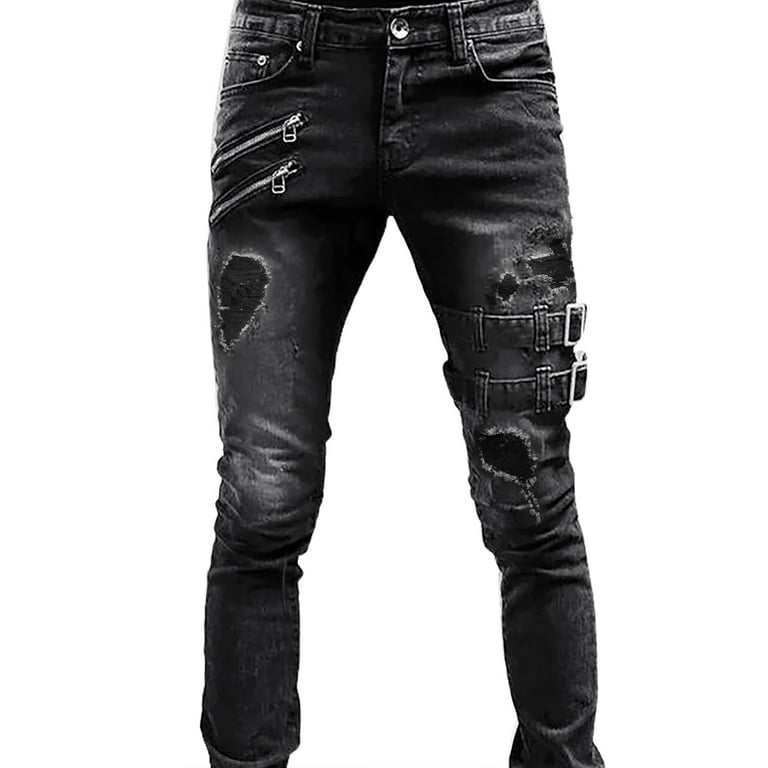Labakihah Mens Jeans Men's Trousers Casual Straight Mid-Rise Slim Fit Ripped  Jeans Ripped Jeans Black 