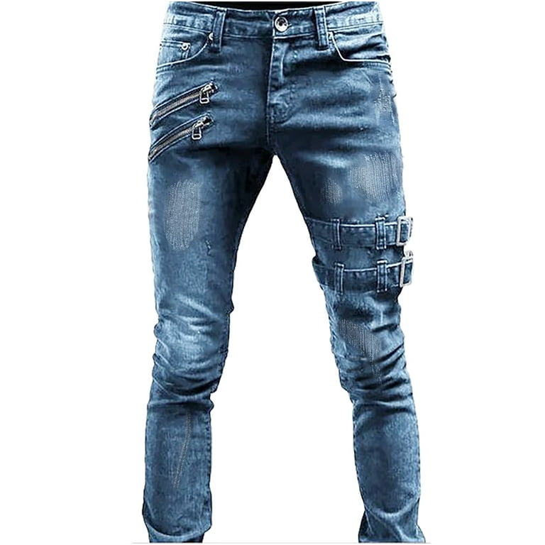 Labakihah Mens Jeans Men's Trousers Casual Straight Mid-Rise Slim Fit  Ripped Jeans Ripped Jeans Blue 