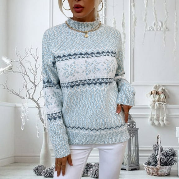 Labakihah Sweaters For Women Women'S Christmas Snowflake Sweater Turtleneck Vintage Holiday Knit Sweater Pullover Blue Xl
