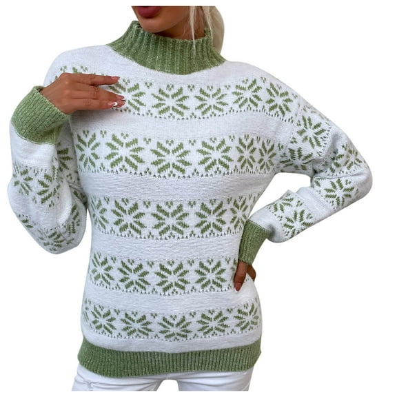 Labakihah Women's Christmas Half High Neck Pullover Snowflake Sweater Green