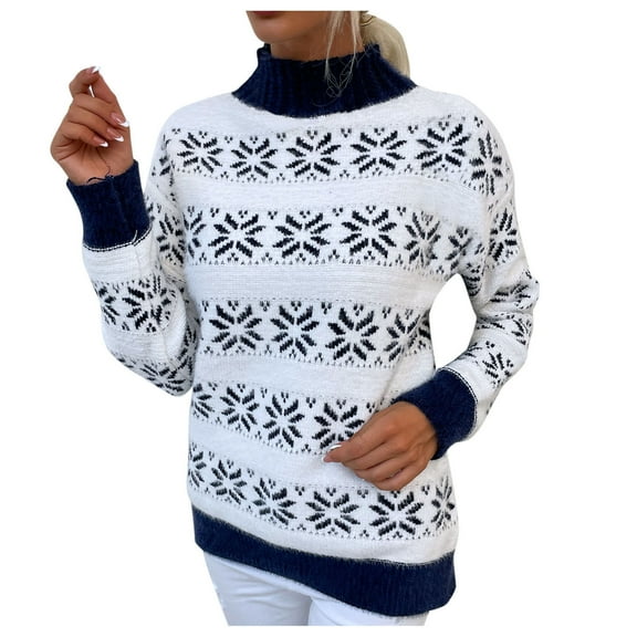 Labakihah Women's Christmas Half High Neck Pullover Snowflake Sweater Navy