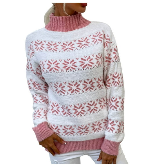 Labakihah Women's Christmas Half High Neck Pullover Snowflake Sweater Pink