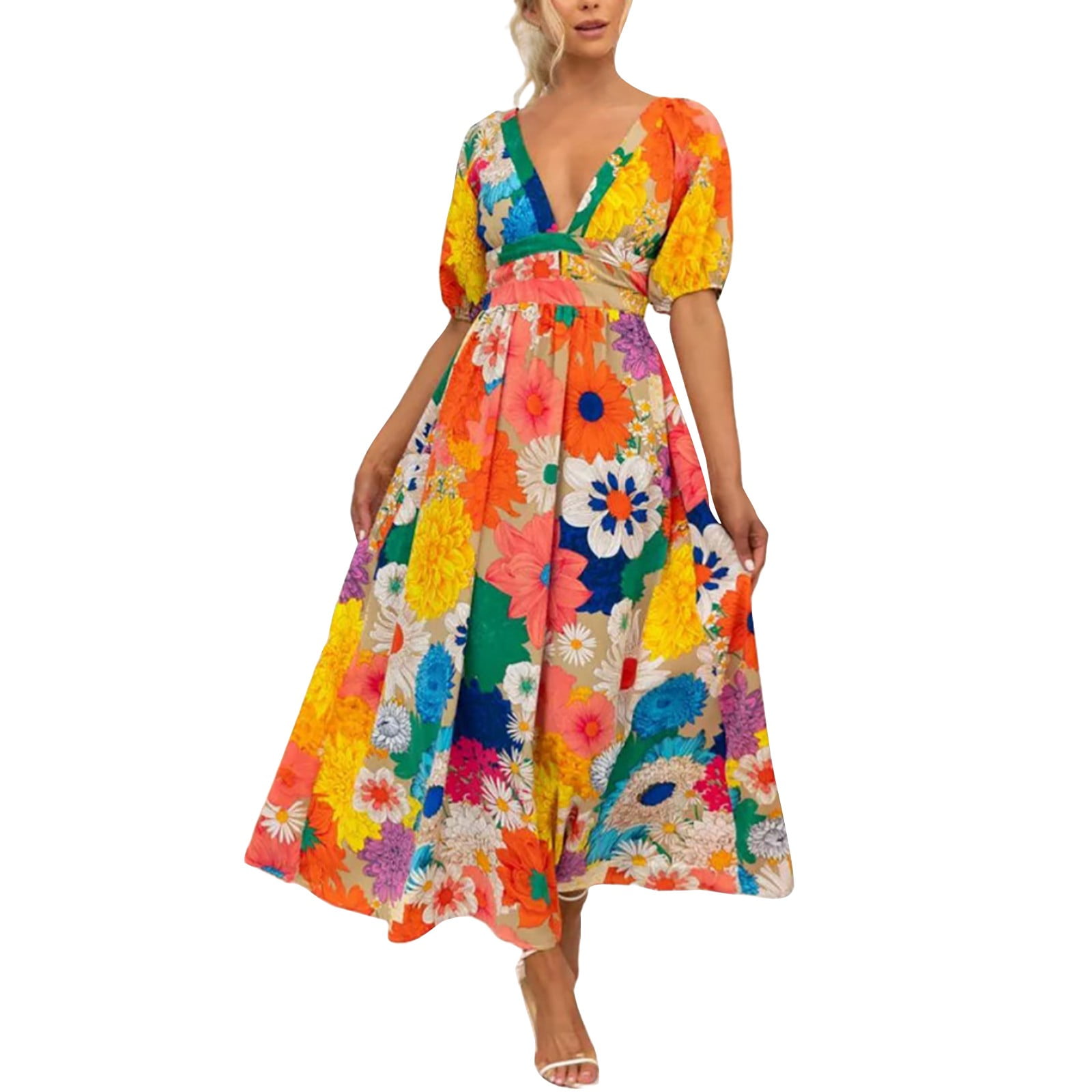 Labakihah Women's Summer Wrap Maxi Dress Casual Boho Floral V Neck ...