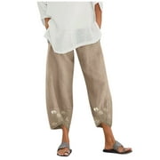 Labakihah casual pants for women Women Casual Daisy Print Embroidery Cotton Linen Elastic Waist Wide Leg Pants Khaki