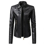 Labakihah coats for women Womens Long Sleeve Leather Jacket Motorcycle Leather Jacket PU Leather Jacket Fashion Womens Jacket Coat Black L