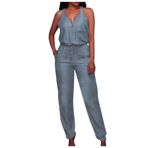 Lisingtool jeans for women Womens Casual Off Shoulder Denim Jeans Pocket Sleeveless Jumpsuits Rompers overalls women Sky Blue