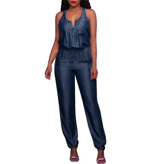 Labakihah pants for women Womens Casual Off Shoulder Denim Jeans Pocket Sleeveless Jumpsuits Rompers Blue