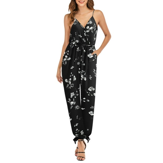 Labakihah Jumpsuits For Women Womens V Neck Spaghetti Straps Drawstring Waist Jumpsuit With Pockets White