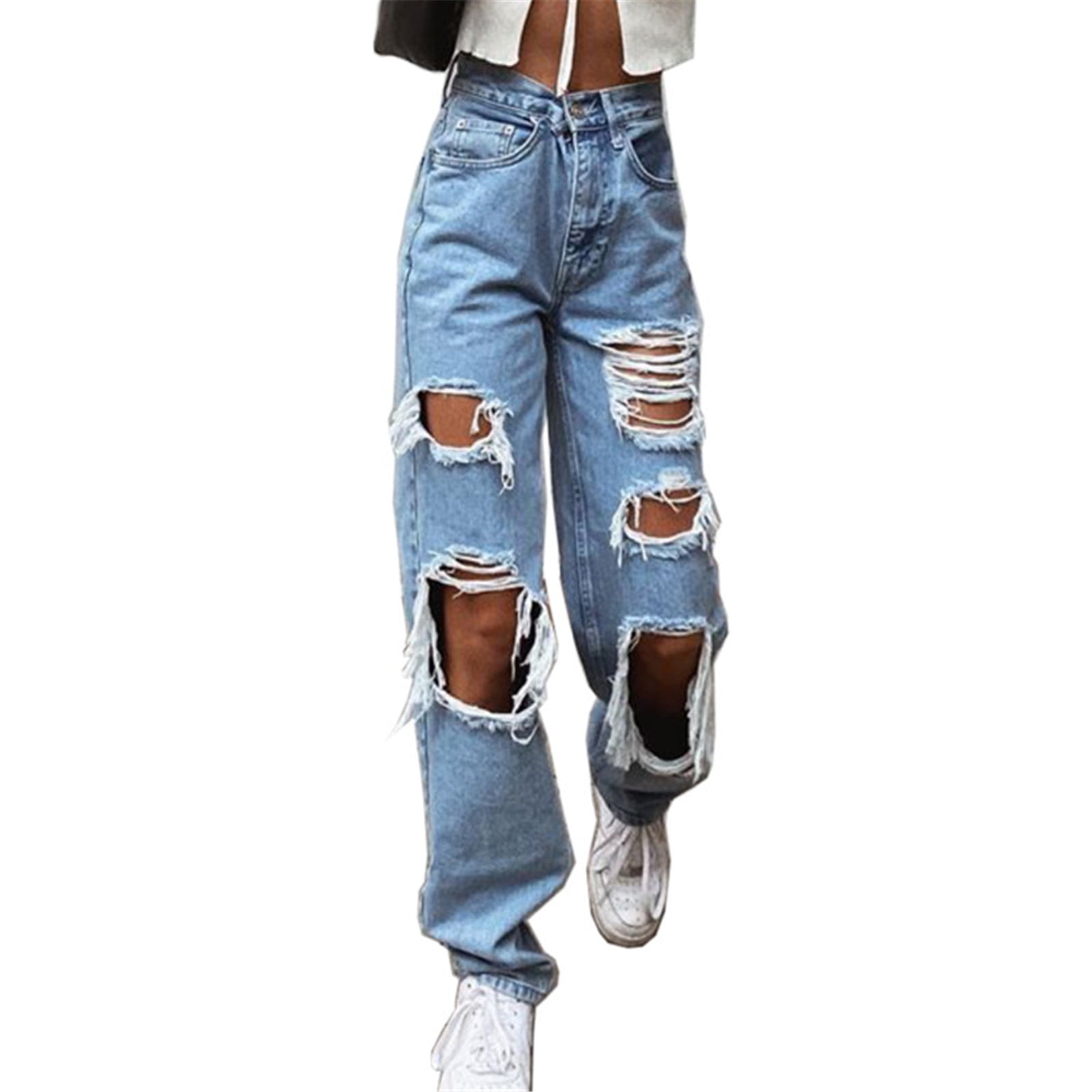Labakihah ripped jeans womens Women Button High Waist Pocket
