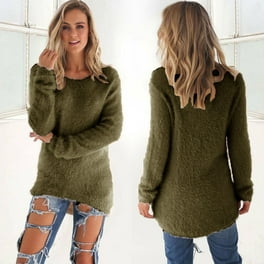 JGGSPWM Solid Fuzzy Sweaters for Womens Warm Fleece Sweater Casual Loose Fit Tops Crew Neck Long Sleeve Pullover Fall Winter Trendy Jumper Green XXL Walmart