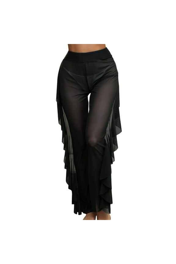 swim pants for women Women Mesh Ruffle Trim Cover Up Pants Beach Cover Up Beach Wrap Bikini Shiny Wraps Cover Ups For Swimwear Ruffle Pants Black