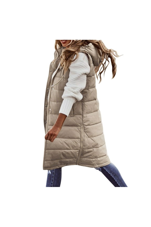 womens tops Women's Long Winter Coat Vest With Hood Sleeveless Warm Down Coat With Pockets Quilted Vest Down Jacket Quilted Outdoor Jacket Beige